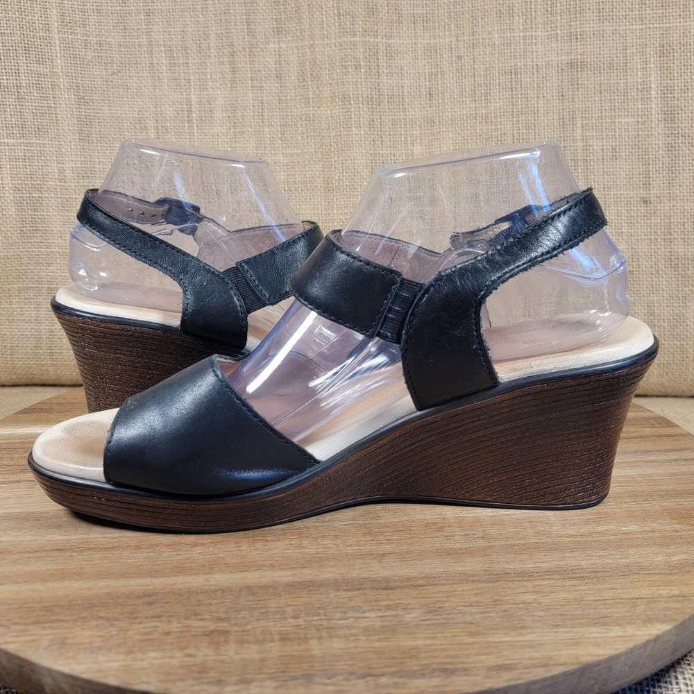 SAS Leather Wedge Heel Sandals Black Ankle Strap Comfort Shoes Women's 9W Wide - Picture 5 of 8
